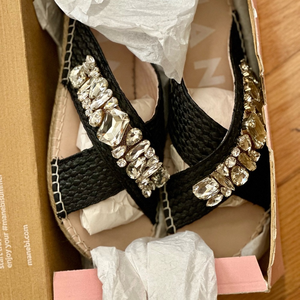Crystal Raffia Espadrille Sandals Black W Diamonds, 38 (8) - Picture 6 of 6